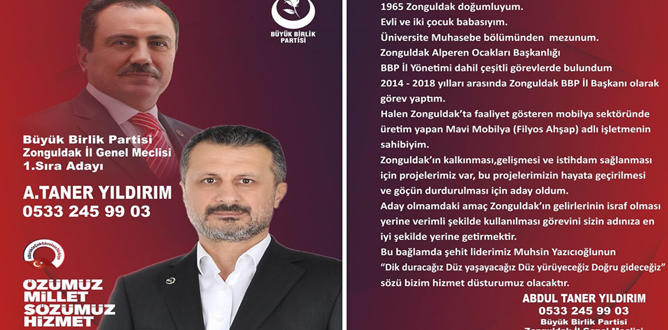 TANER YILDIRIM (BBP Zonguldak 1. Sıra il Genel meclisi adayı)